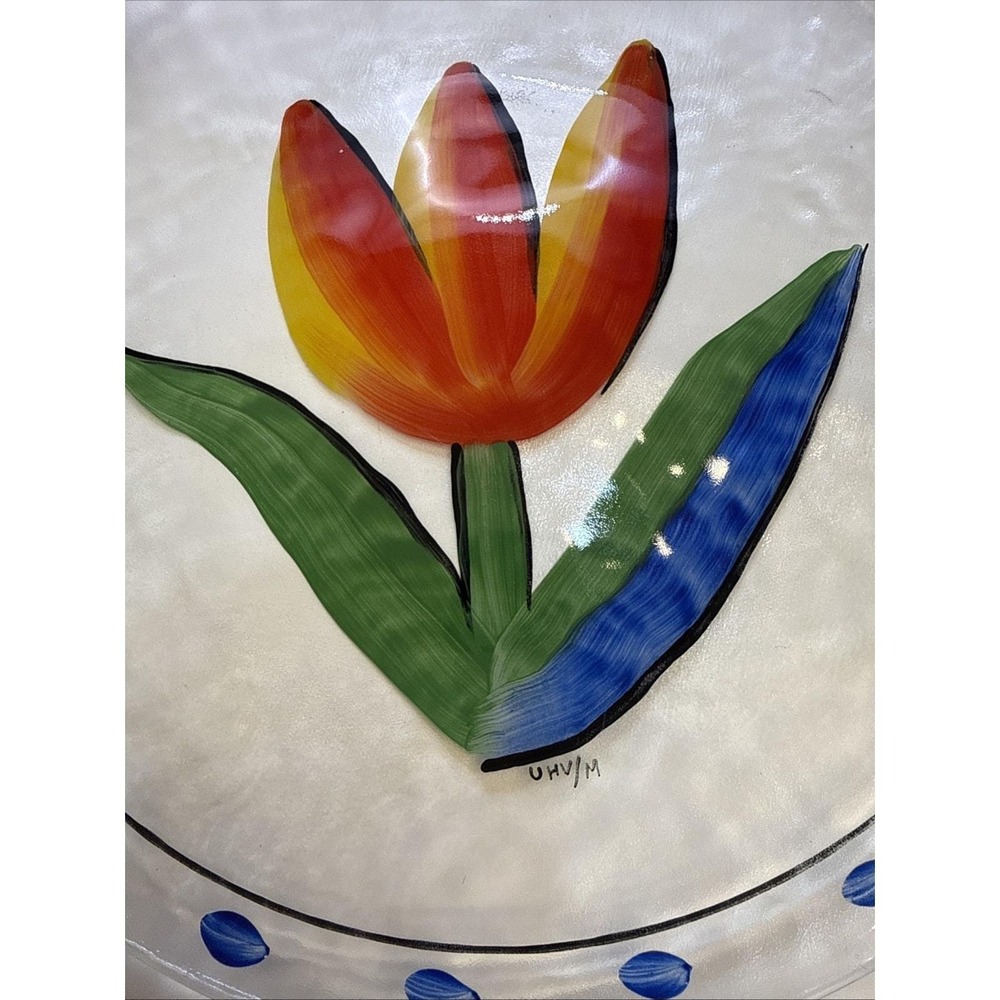 A 13" Ulrica Hydman Vallien Glass Plate Kosta Boda Sweden Tulip Flower Dish